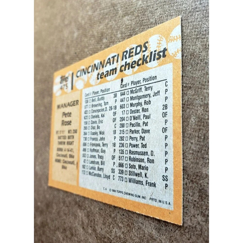 Vintage 1988 Topps PETE ROSE CINCINNATI REDS TEAM CHECKLIST MLB Card 475 CORNERS